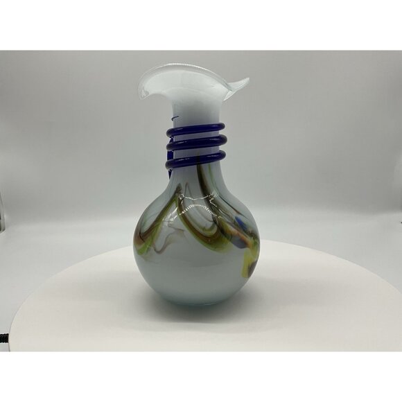 Murano Style Hand Blown Glass Pitcher With Cobalt Blue Rope And Handle Vintage - Picture 7 of 16